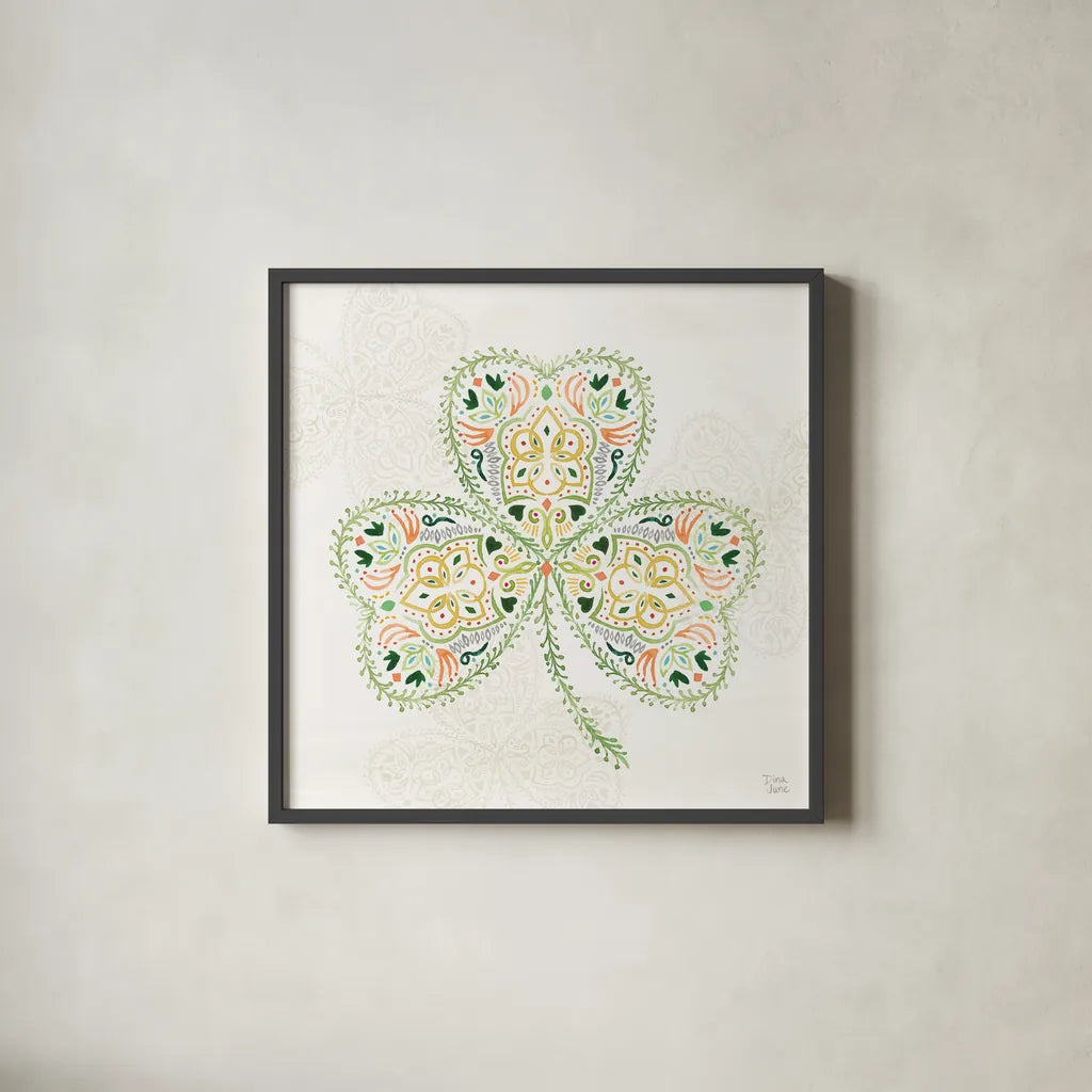 Lucky Charm IV by Dina June. Shown in a sleek black glass frame for a contemporary gallery look. Available as an archival giclee rolled canvas, fine art paper, or poster print. SKU 74637a.