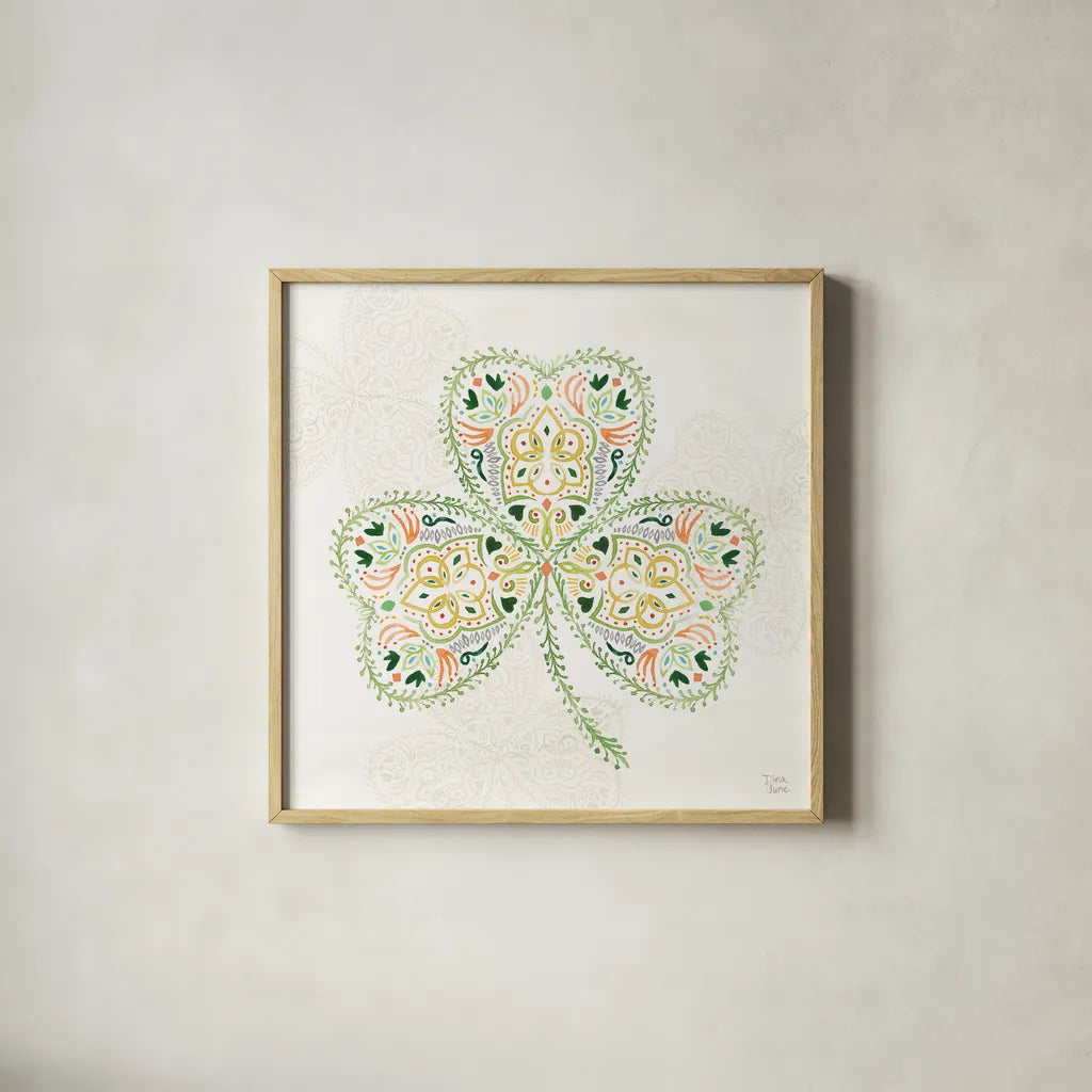 Lucky Charm IV by Dina June. Shown in a natural wood glass frame for a timeless modern aesthetic. Available as an archival giclee rolled canvas, fine art paper, or poster print. SKU 74637a.