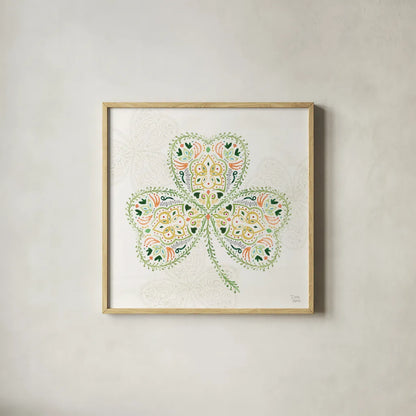 Lucky Charm IV by Dina June. Shown in a natural wood glass frame for a timeless modern aesthetic. Available as an archival giclee rolled canvas, fine art paper, or poster print. SKU 74637a.