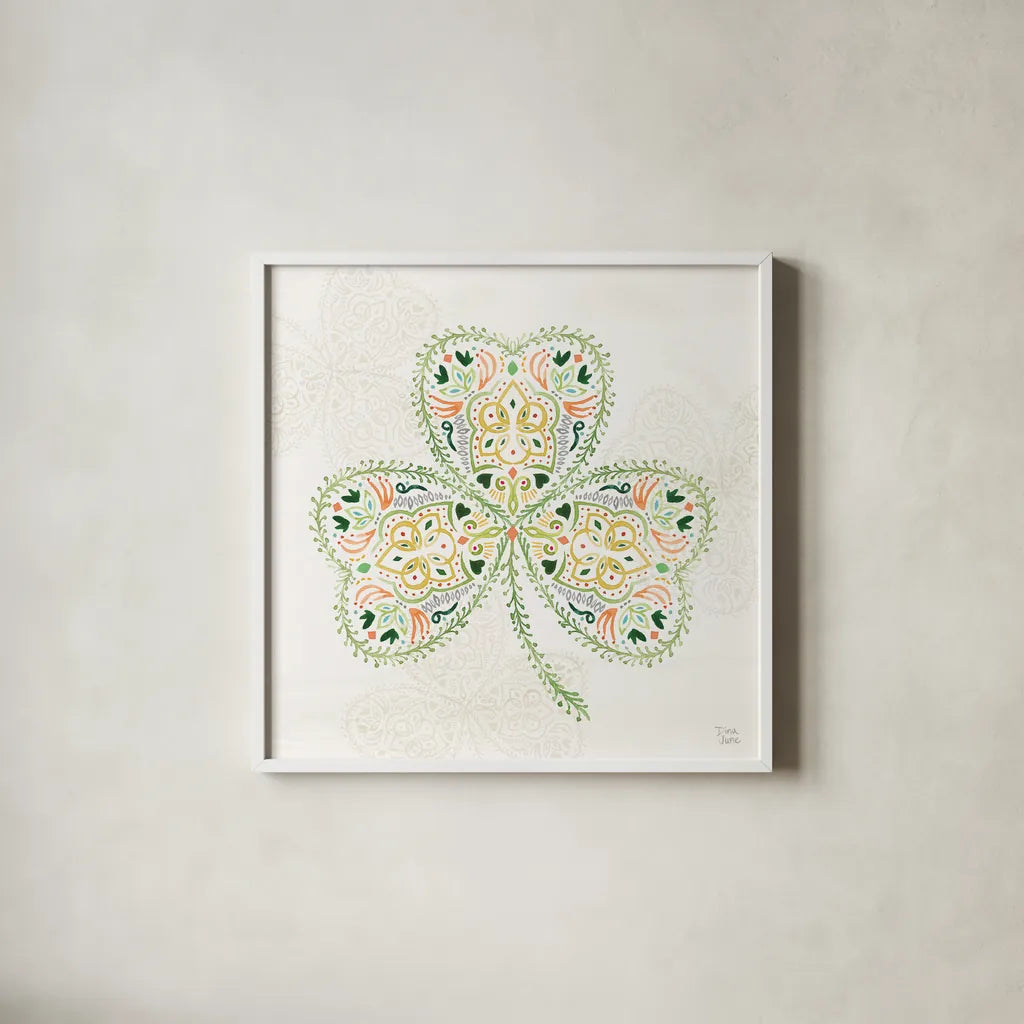 Lucky Charm IV by Dina June. Shown in a crisp white glass frame for a clean and minimalist style. Available as an archival giclee rolled canvas, fine art paper, or poster print. SKU 74637a.