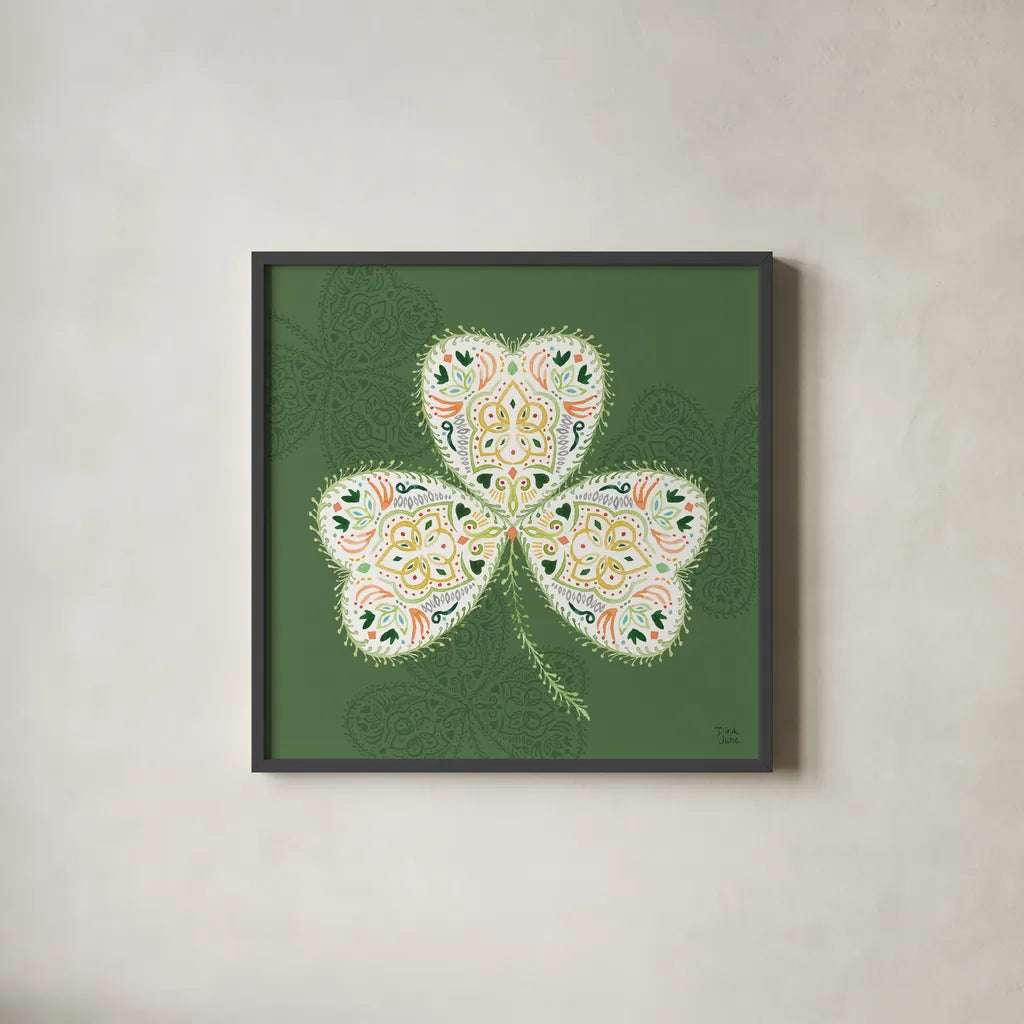 Lucky Charm IV Green by Dina June. Shown in a sleek black glass frame for a contemporary gallery look. Available as an archival giclee rolled canvas, fine art paper, or poster print. SKU 97385a.