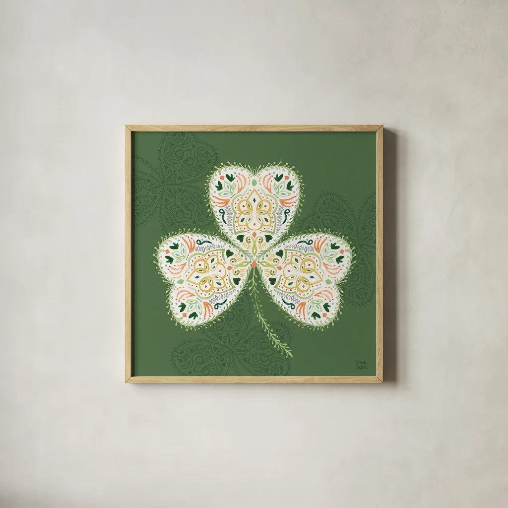 Lucky Charm IV Green by Dina June. Shown in a natural wood glass frame for a timeless modern aesthetic. Available as an archival giclee rolled canvas, fine art paper, or poster print. SKU 97385a.