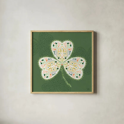 Lucky Charm IV Green by Dina June. Shown in a natural wood glass frame for a timeless modern aesthetic. Available as an archival giclee rolled canvas, fine art paper, or poster print. SKU 97385a.