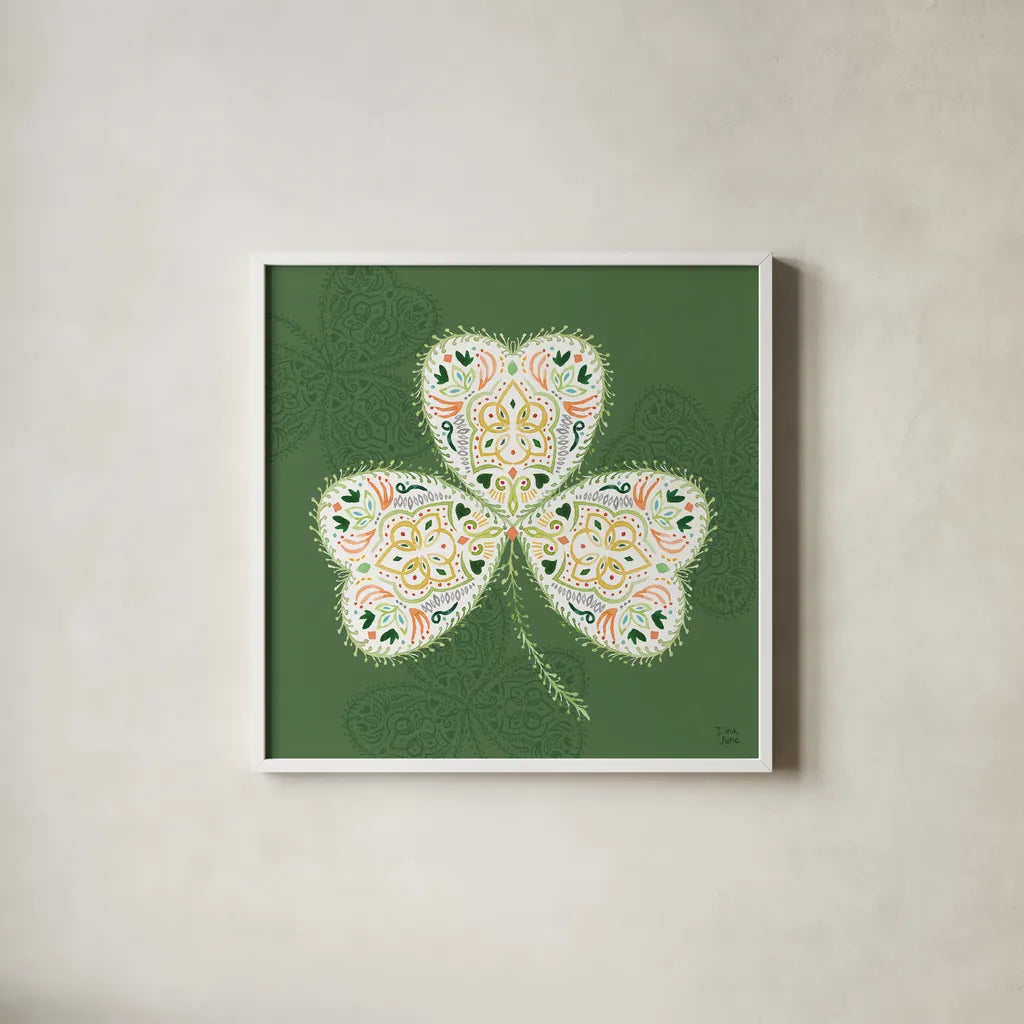 Lucky Charm IV Green by Dina June. Shown in a crisp white glass frame for a clean and minimalist style. Available as an archival giclee rolled canvas, fine art paper, or poster print. SKU 97385a.