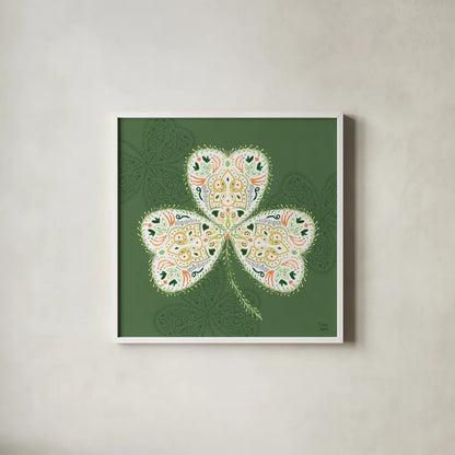 Lucky Charm IV Green by Dina June. Shown in a crisp white glass frame for a clean and minimalist style. Available as an archival giclee rolled canvas, fine art paper, or poster print. SKU 97385a.