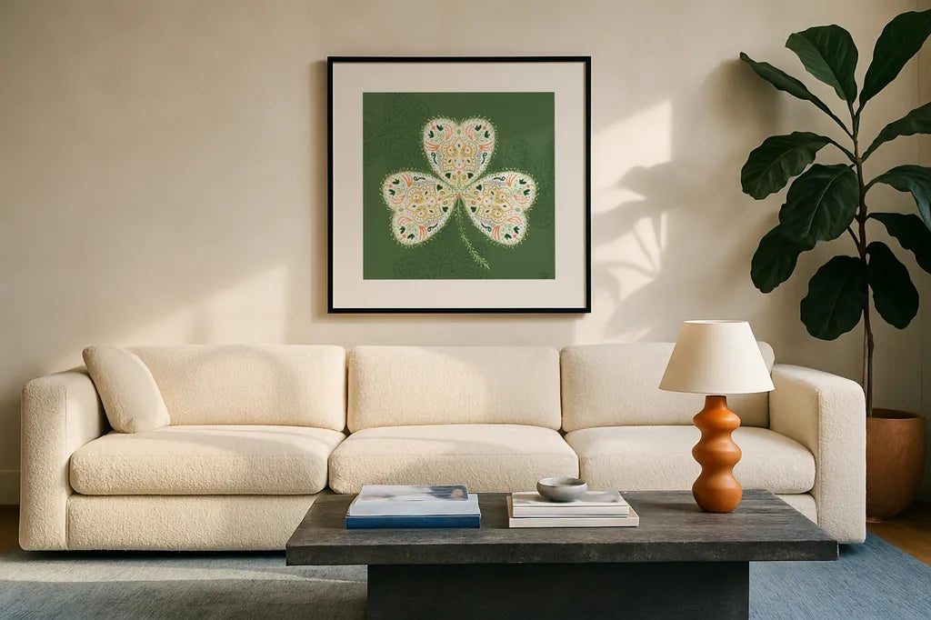 Lucky Charm IV Green by Dina June. Displayed in a glass frame with matte in a clean modern living room. Available as an archival giclee rolled canvas, fine art paper, or poster print. SKU 97385a.