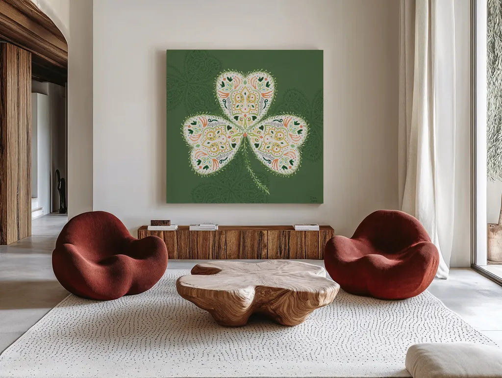Lucky Charm IV Green by Dina June. Shown as extra-large giant wall art in a modern living room. Available as an archival giclee rolled canvas, fine art paper, or poster print. SKU 97385a.