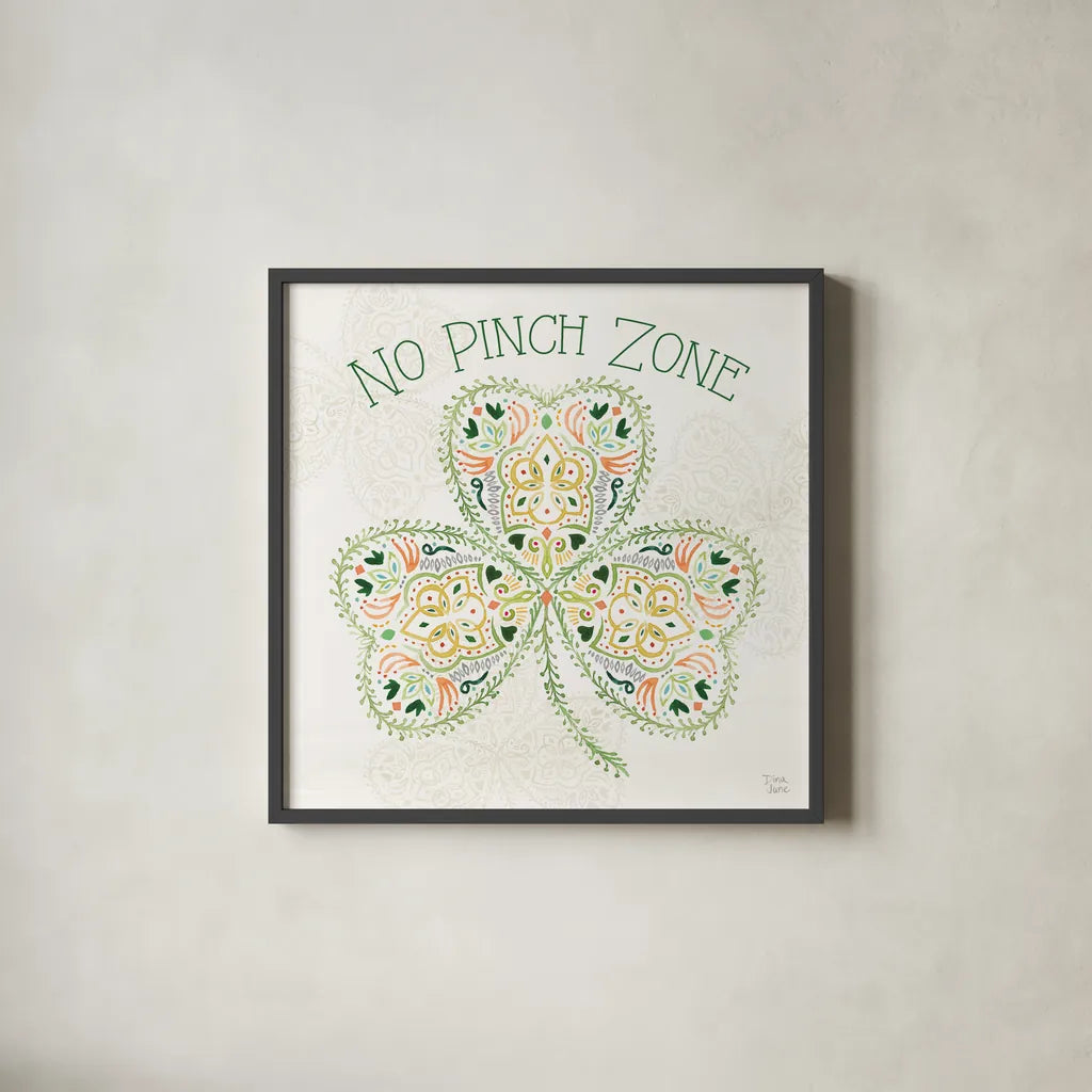 Lucky Charm IV No Pinch Zone by Dina June. Shown in a sleek black glass frame for a contemporary gallery look. Available as an archival giclee rolled canvas, fine art paper, or poster print. SKU 97386a.