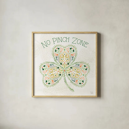 Lucky Charm IV No Pinch Zone by Dina June. Shown in a natural wood glass frame for a timeless modern aesthetic. Available as an archival giclee rolled canvas, fine art paper, or poster print. SKU 97386a.