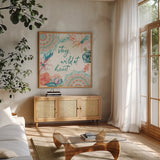 Macrame Meander II by Dina June. Shown in a natural wood frame in a cozy modern living room. Available as an archival giclee rolled canvas, fine art paper, or poster print. SKU 66566a.