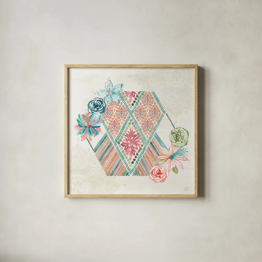 Macrame Meander IV by Dina June. Shown in a natural wood glass frame for a timeless modern aesthetic. Available as an archival giclee rolled canvas, fine art paper, or poster print. SKU 66568a.