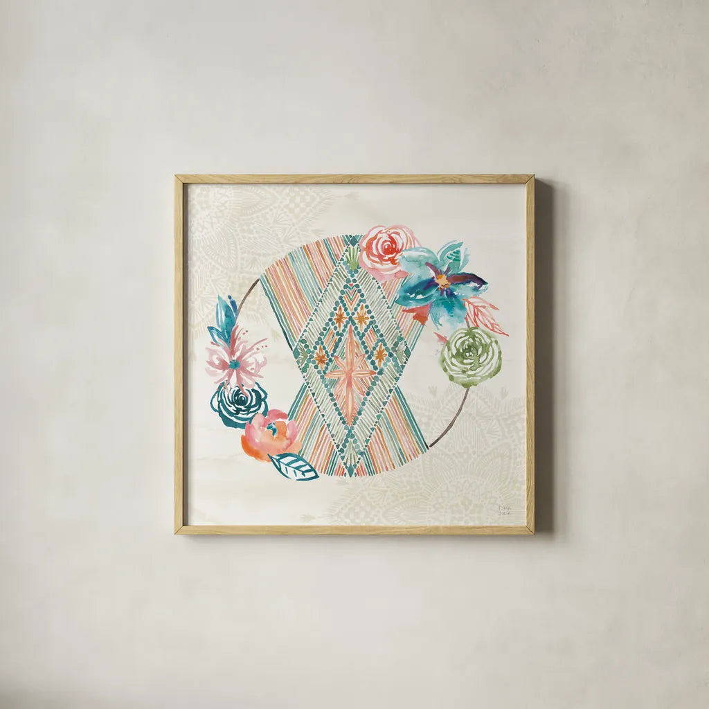Macrame Meander V by Dina June. Shown in a natural wood glass frame for a timeless modern aesthetic. Available as an archival giclee rolled canvas, fine art paper, or poster print. SKU 66569a.