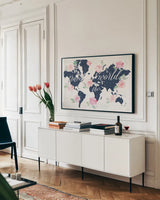 Moroccan Bouquet I by Dina June. shown as a framed stretched canvas in a living room above a console. Available as a archival giclee rolled canvas, fine art paper, or poster print. SKU 61635i.