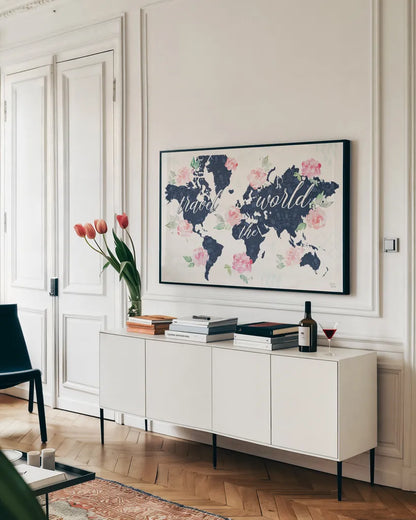 Moroccan Bouquet I by Dina June. shown as a framed stretched canvas in a living room above a console. Available as a archival giclee rolled canvas, fine art paper, or poster print. SKU 61635i.