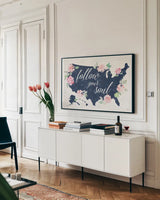 Moroccan Bouquet II by Dina June. shown as a framed stretched canvas in a living room above a console. Available as a archival giclee rolled canvas, fine art paper, or poster print. SKU 61636i.