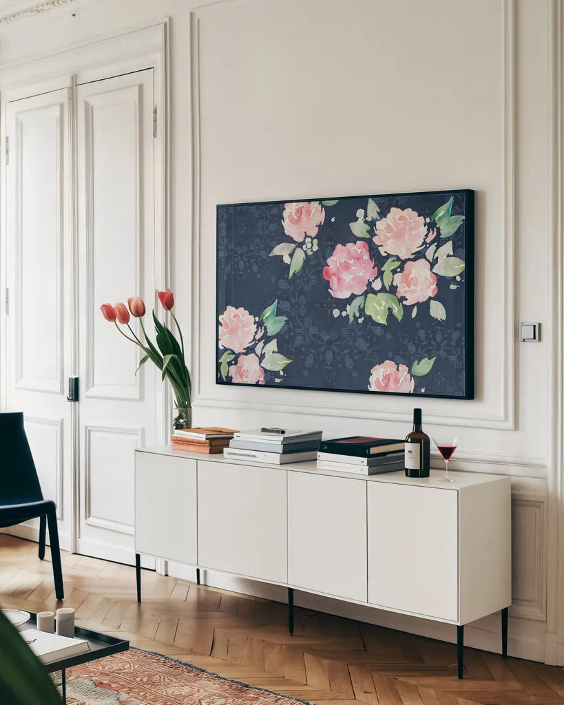 Moroccan Bouquet III by Dina June. shown as a framed stretched canvas in a living room above a console. Available as a archival giclee rolled canvas, fine art paper, or poster print. SKU 61637i.