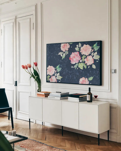 Moroccan Bouquet III by Dina June. shown as a framed stretched canvas in a living room above a console. Available as a archival giclee rolled canvas, fine art paper, or poster print. SKU 61637i.