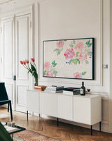 Moroccan Bouquet III Light by Dina June. shown as a framed stretched canvas in a living room above a console. Available as a archival giclee rolled canvas, fine art paper, or poster print. SKU 61638i.