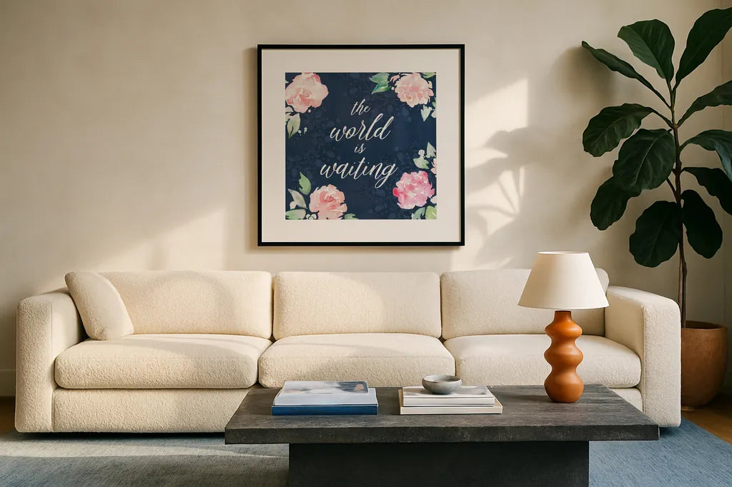 Moroccan Bouquet IV by Dina June. Displayed in a glass frame with matte in a clean modern living room. Available as an archival giclee rolled canvas, fine art paper, or poster print. SKU 61639a.