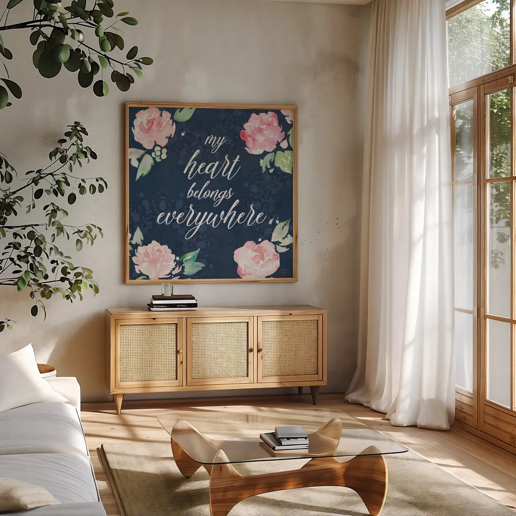 Moroccan Bouquet V by Dina June. Shown in a natural wood frame in a cozy modern living room. Available as an archival giclee rolled canvas, fine art paper, or poster print. SKU 61640a.