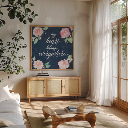 Moroccan Bouquet V by Dina June. Shown in a natural wood frame in a cozy modern living room. Available as an archival giclee rolled canvas, fine art paper, or poster print. SKU 61640a.