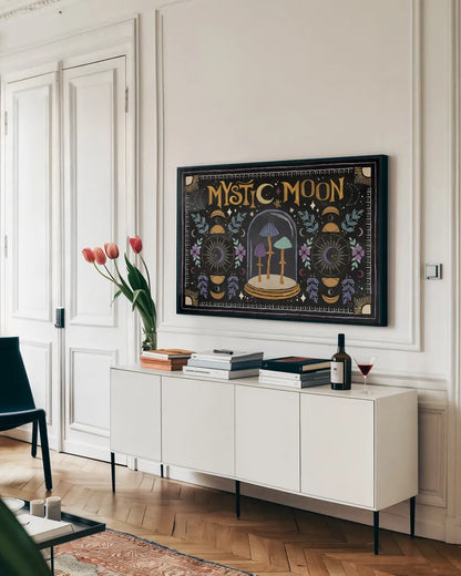 Mystical Times I by Dina June. shown as a framed stretched canvas in a living room above a console. Available as a archival giclee rolled canvas, fine art paper, or poster print. SKU 82963i.
