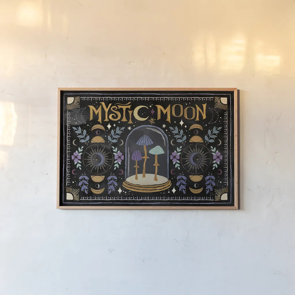 Mystical Times I by Dina June. shown as a paper print in a natural frame. Available as a archival giclee rolled canvas, fine art paper, or poster print. SKU 82963i.