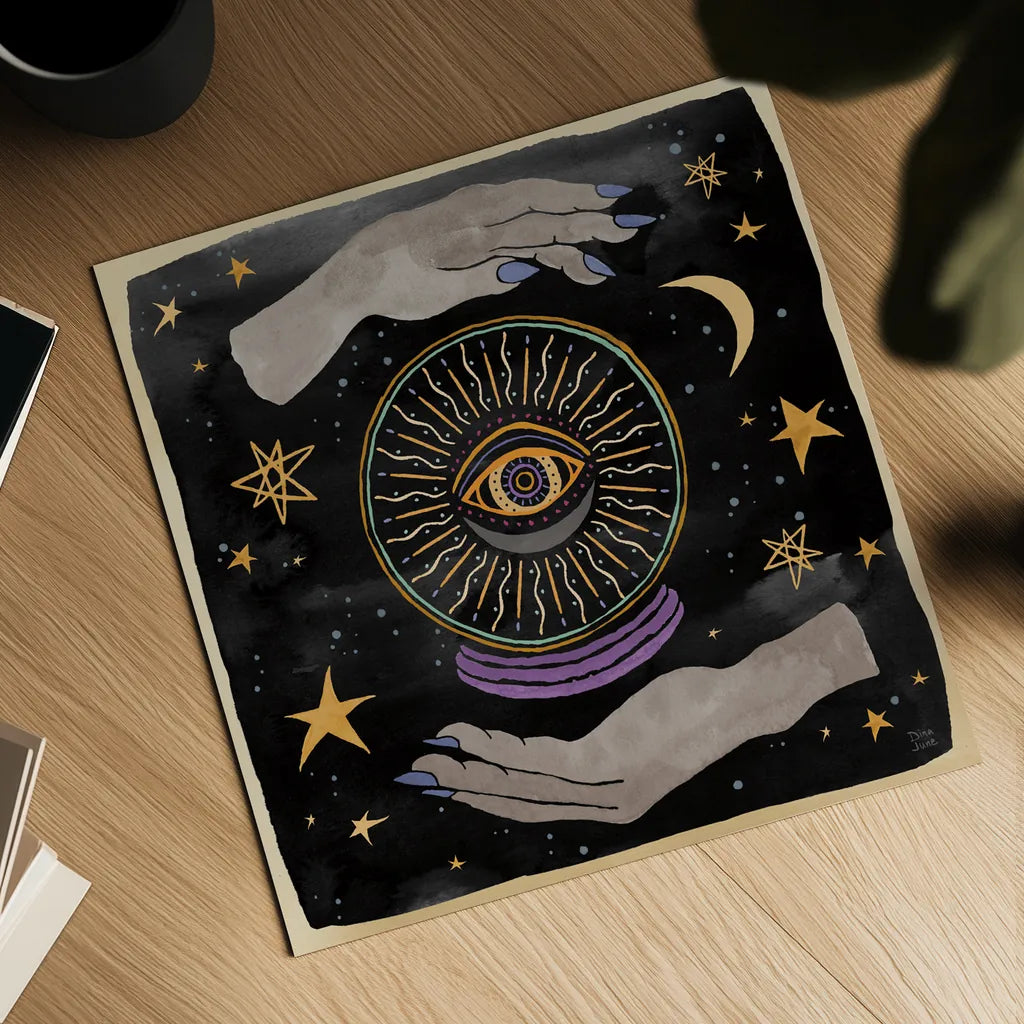 Mystical Times II by Dina June. Shown as a detailed flat fine art print, highlighting archival giclee quality. Available as an archival giclee rolled canvas, fine art paper, or poster print. SKU 82964a.