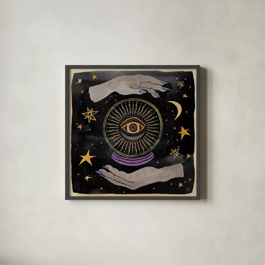 Mystical Times II by Dina June. Shown in a sleek black glass frame for a contemporary gallery look. Available as an archival giclee rolled canvas, fine art paper, or poster print. SKU 82964a.