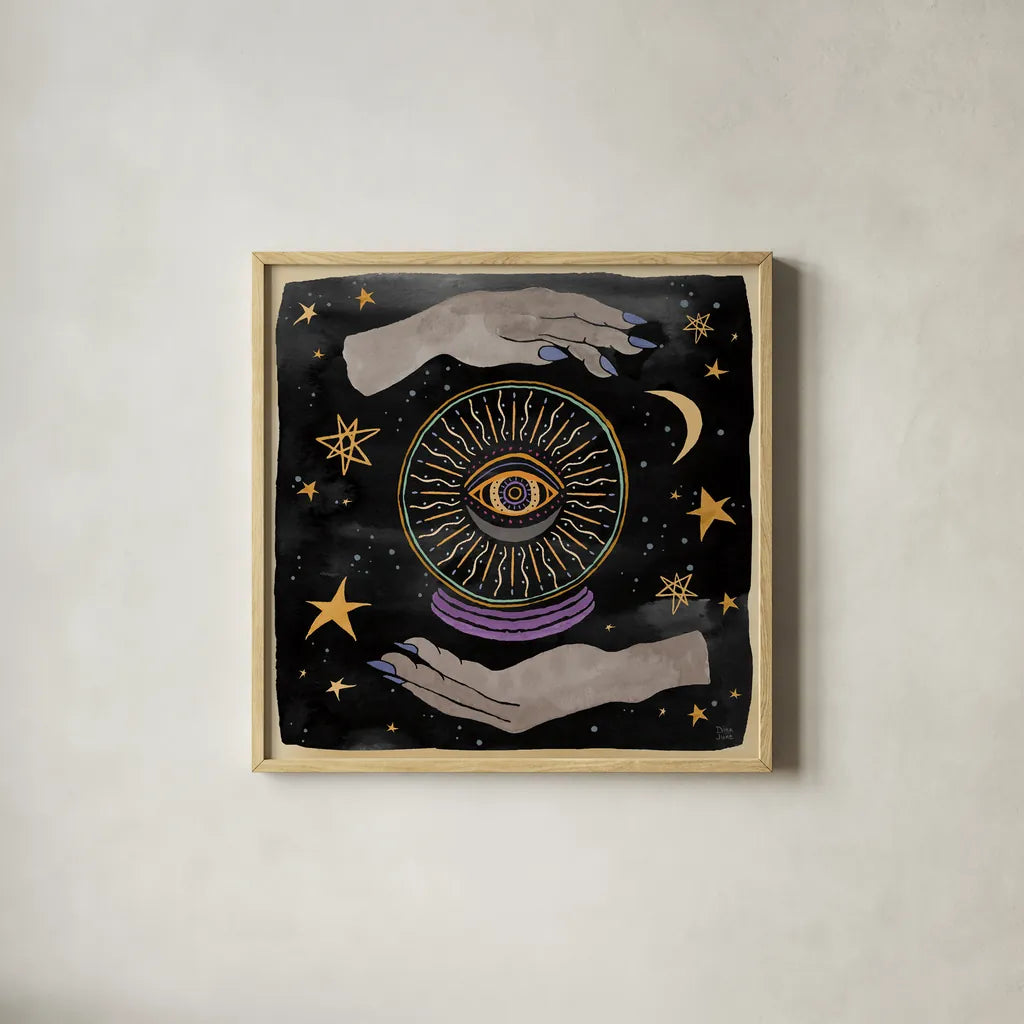 Mystical Times II by Dina June. Shown in a natural wood glass frame for a timeless modern aesthetic. Available as an archival giclee rolled canvas, fine art paper, or poster print. SKU 82964a.