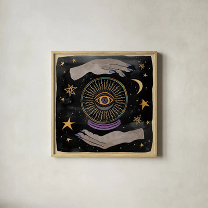 Mystical Times II by Dina June. Shown in a natural wood glass frame for a timeless modern aesthetic. Available as an archival giclee rolled canvas, fine art paper, or poster print. SKU 82964a.
