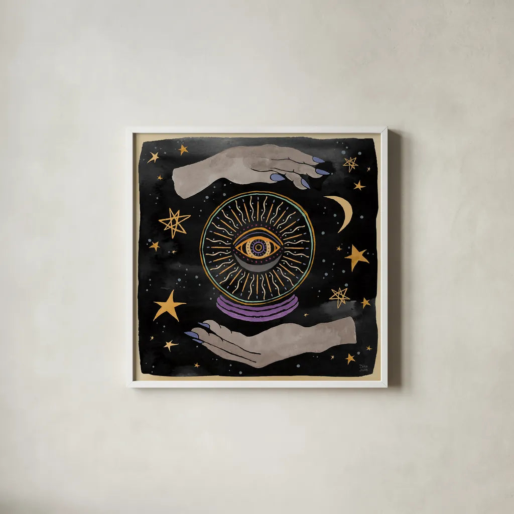 Mystical Times II by Dina June. Shown in a crisp white glass frame for a clean and minimalist style. Available as an archival giclee rolled canvas, fine art paper, or poster print. SKU 82964a.