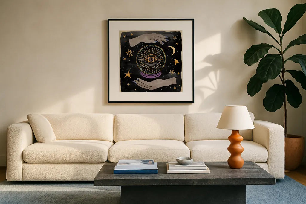 Mystical Times II by Dina June. Displayed in a glass frame with matte in a clean modern living room. Available as an archival giclee rolled canvas, fine art paper, or poster print. SKU 82964a.