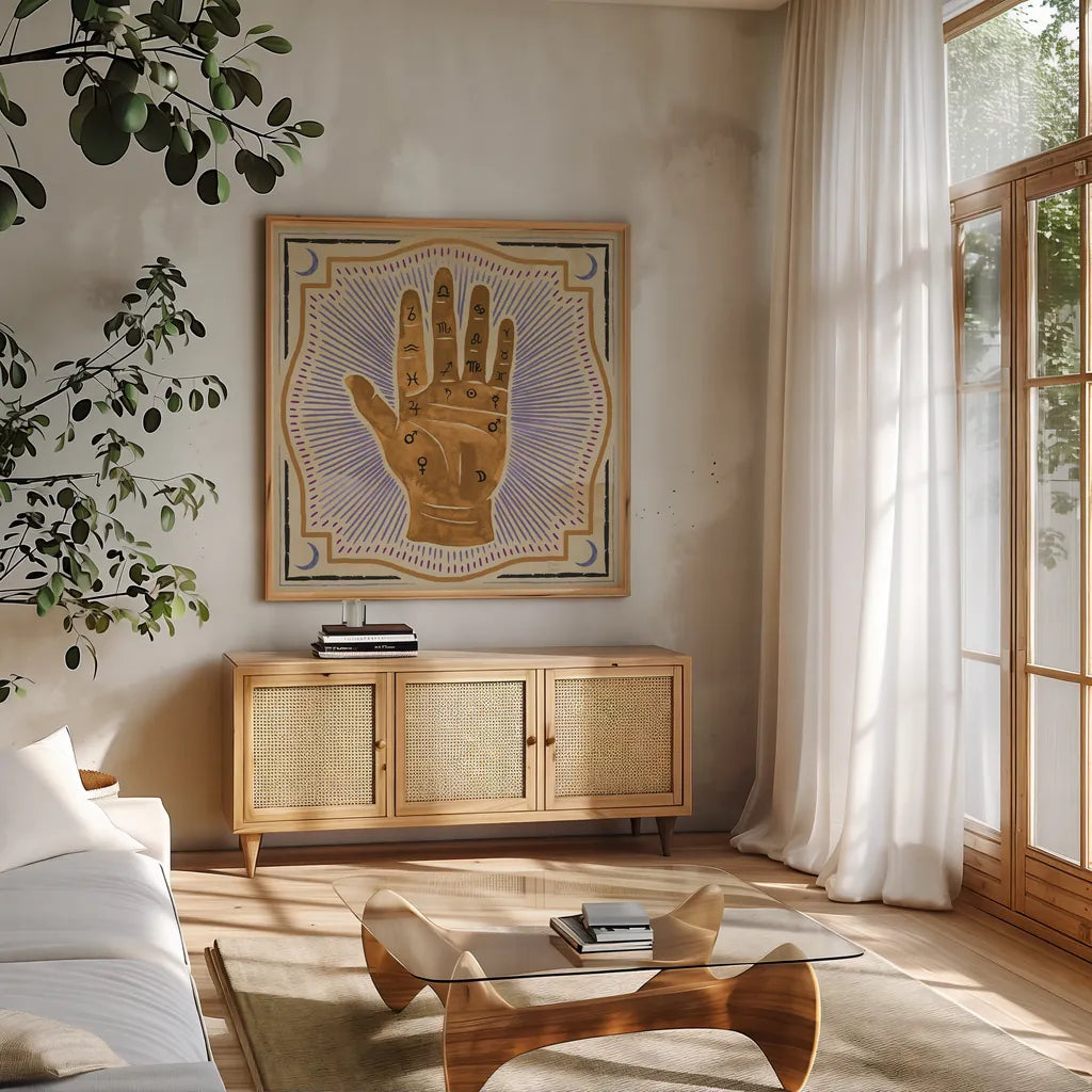 Mystical Times III by Dina June. Shown in a natural wood frame in a cozy modern living room. Available as an archival giclee rolled canvas, fine art paper, or poster print. SKU 82965a.