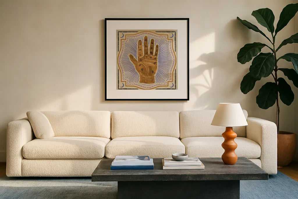 Mystical Times III by Dina June. Displayed in a glass frame with matte in a clean modern living room. Available as an archival giclee rolled canvas, fine art paper, or poster print. SKU 82965a.