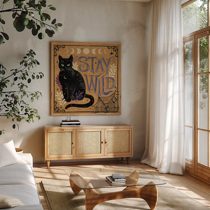 Mystical Times IX by Dina June. Shown in a natural wood frame in a cozy modern living room. Available as an archival giclee rolled canvas, fine art paper, or poster print. SKU 82971a.