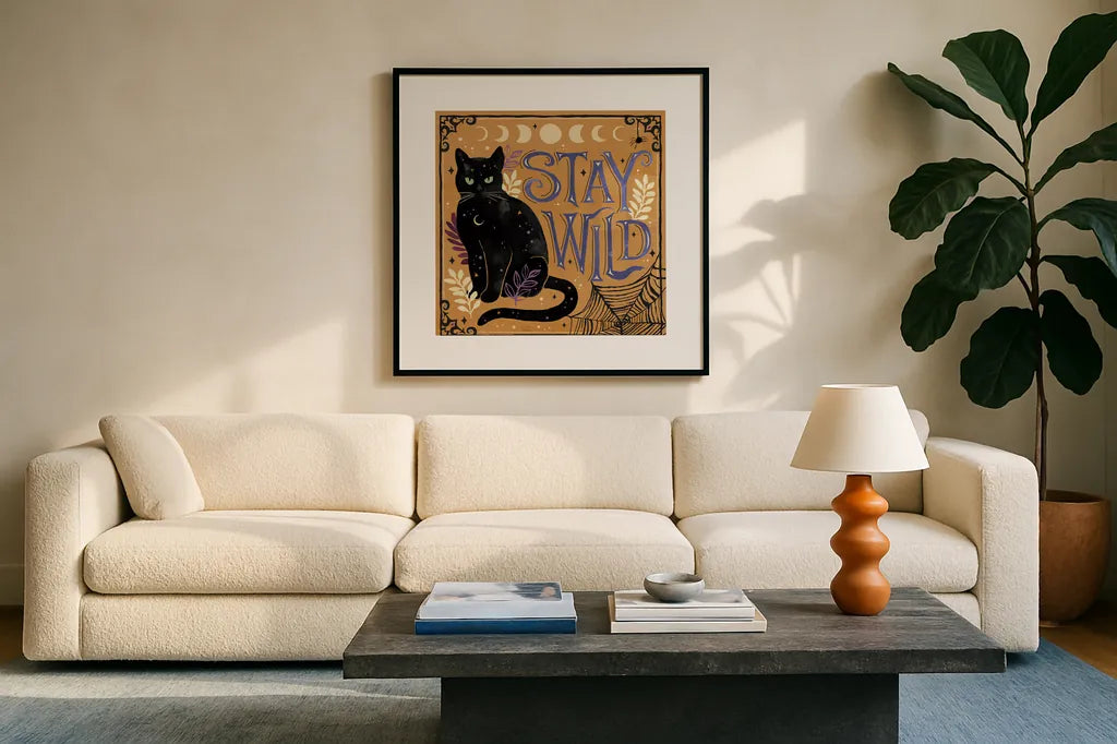 Mystical Times IX by Dina June. Displayed in a glass frame with matte in a clean modern living room. Available as an archival giclee rolled canvas, fine art paper, or poster print. SKU 82971a.