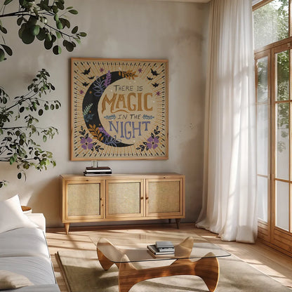 Mystical Times VI by Dina June. Shown in a natural wood frame in a cozy modern living room. Available as an archival giclee rolled canvas, fine art paper, or poster print. SKU 82968a.