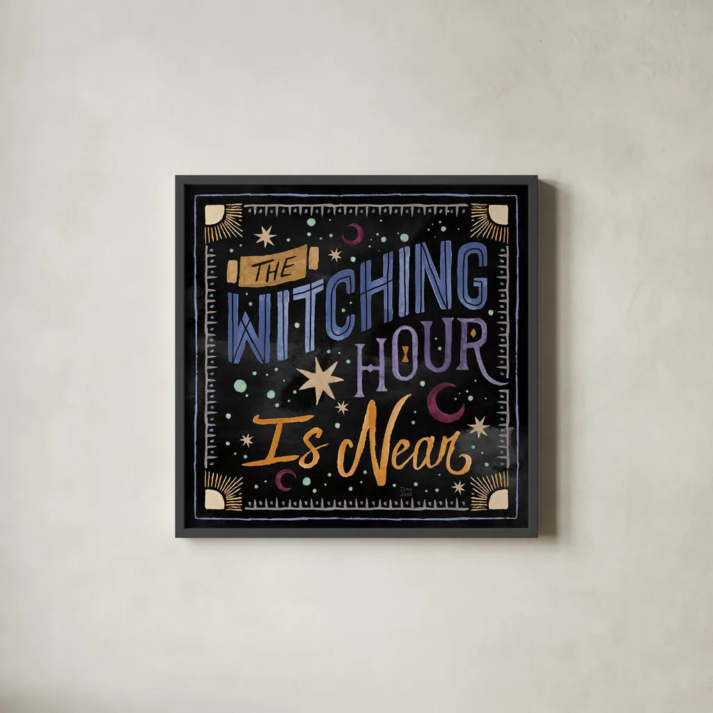 Mystical Times VII by Dina June. Shown in a sleek black glass frame for a contemporary gallery look. Available as an archival giclee rolled canvas, fine art paper, or poster print. SKU 82969a.