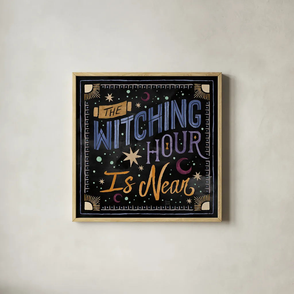 Mystical Times VII by Dina June. Shown in a natural wood glass frame for a timeless modern aesthetic. Available as an archival giclee rolled canvas, fine art paper, or poster print. SKU 82969a.