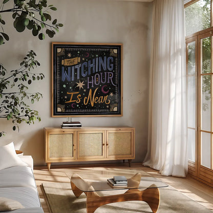 Mystical Times VII by Dina June. Shown in a natural wood frame in a cozy modern living room. Available as an archival giclee rolled canvas, fine art paper, or poster print. SKU 82969a.