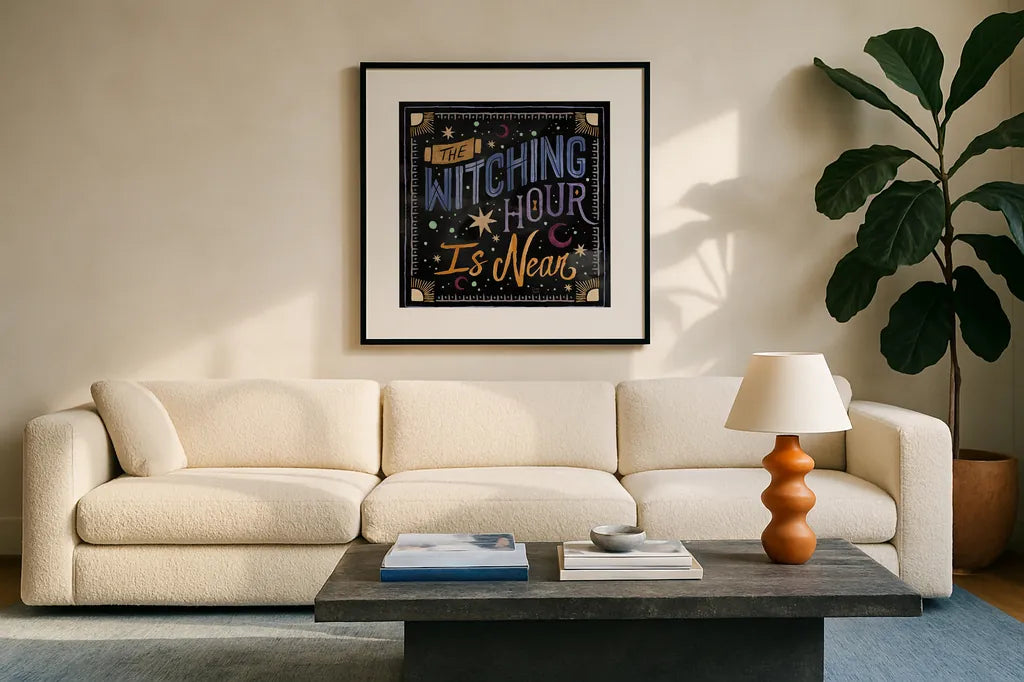 Mystical Times VII by Dina June. Displayed in a glass frame with matte in a clean modern living room. Available as an archival giclee rolled canvas, fine art paper, or poster print. SKU 82969a.