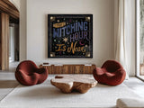 Mystical Times VII by Dina June. Shown as extra-large giant wall art in a modern living room. Available as an archival giclee rolled canvas, fine art paper, or poster print. SKU 82969a.