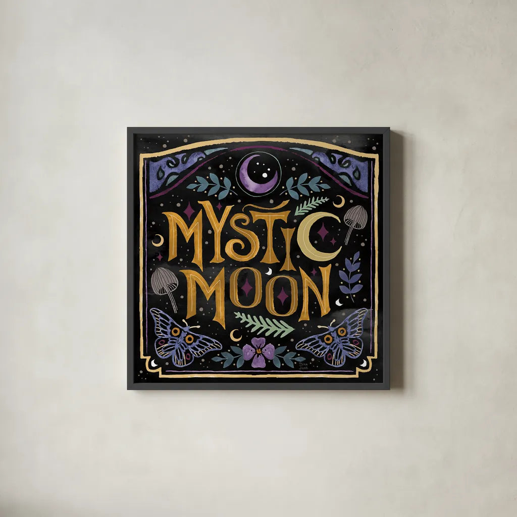 Mystical Times VIII by Dina June. Shown in a sleek black glass frame for a contemporary gallery look. Available as an archival giclee rolled canvas, fine art paper, or poster print. SKU 82970a.