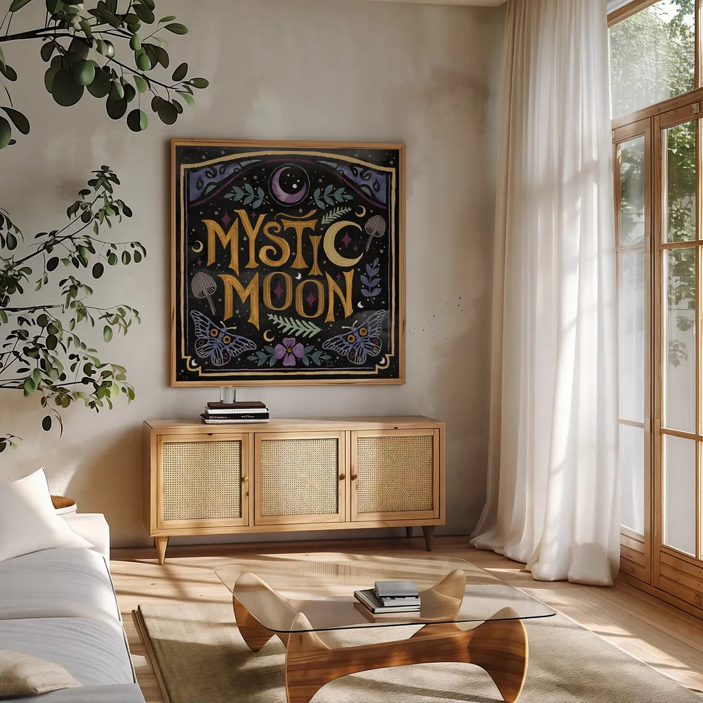 Mystical Times VIII by Dina June. Shown in a natural wood frame in a cozy modern living room. Available as an archival giclee rolled canvas, fine art paper, or poster print. SKU 82970a.