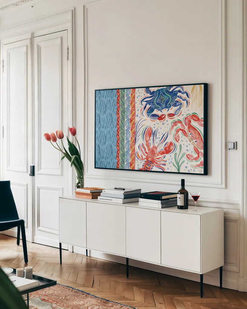 Nautical Vibes I by Dina June. shown as a framed stretched canvas in a living room above a console. Available as a archival giclee rolled canvas, fine art paper, or poster print. SKU 95031i.