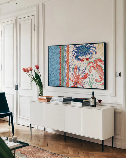 Nautical Vibes I by Dina June. shown as a framed stretched canvas in a living room above a console. Available as a archival giclee rolled canvas, fine art paper, or poster print. SKU 95031i.