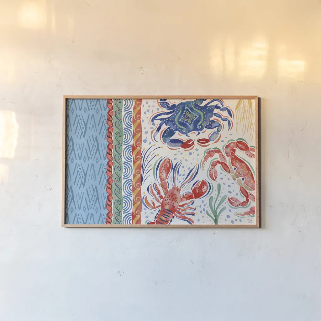 Nautical Vibes I by Dina June. shown as a paper print in a natural frame. Available as a archival giclee rolled canvas, fine art paper, or poster print. SKU 95031i.