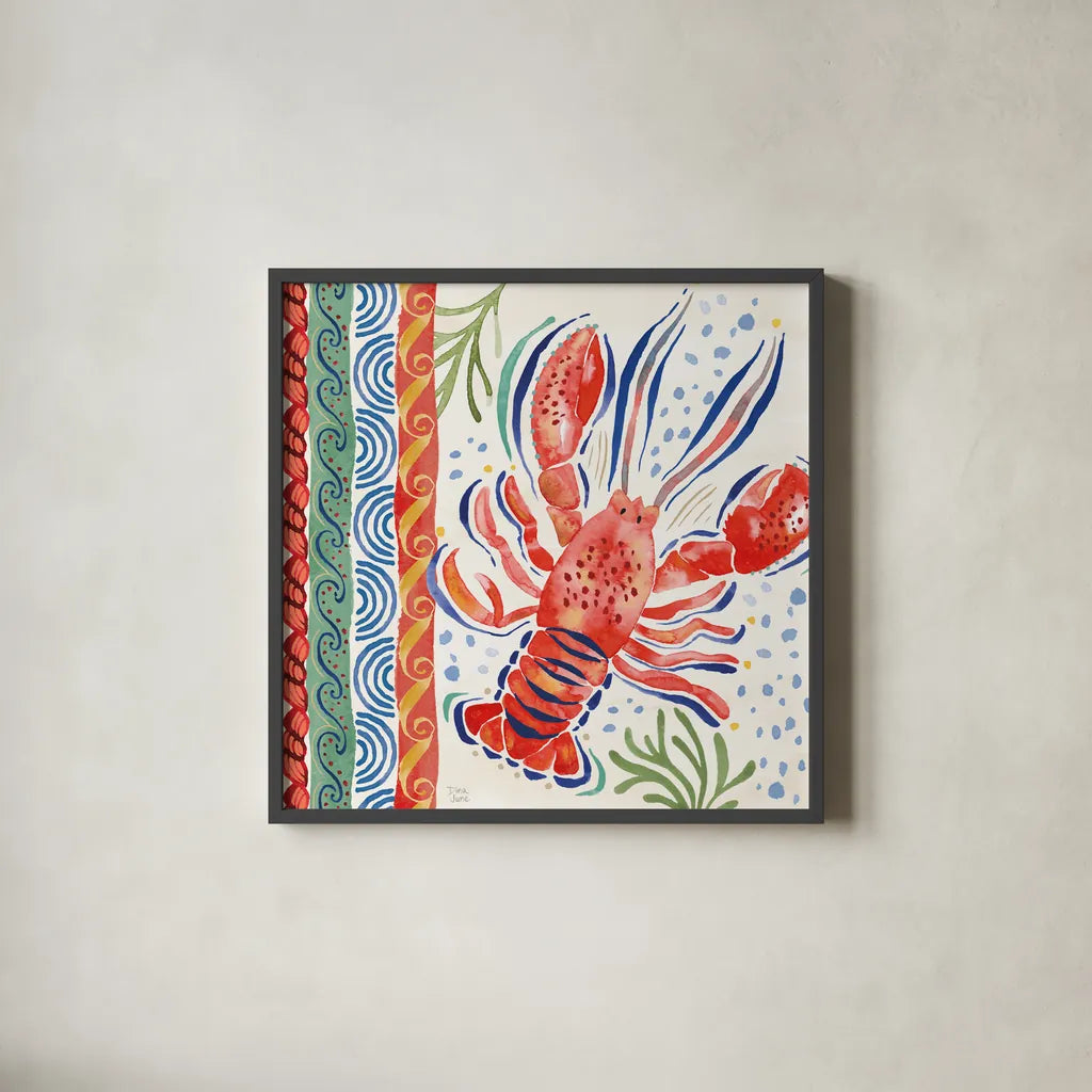 Nautical Vibes II by Dina June. Shown in a sleek black glass frame for a contemporary gallery look. Available as an archival giclee rolled canvas, fine art paper, or poster print. SKU 95032a.