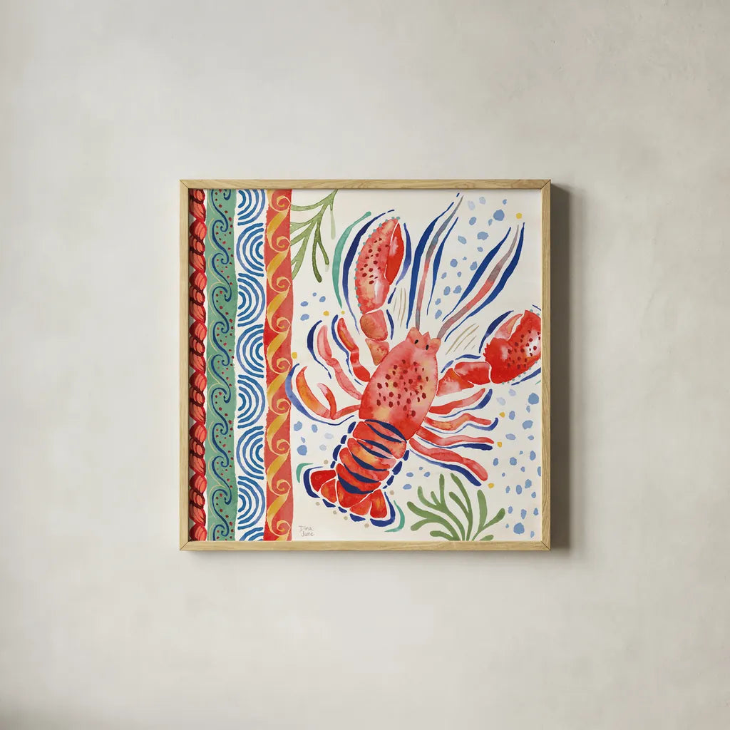 Nautical Vibes II by Dina June. Shown in a natural wood glass frame for a timeless modern aesthetic. Available as an archival giclee rolled canvas, fine art paper, or poster print. SKU 95032a.